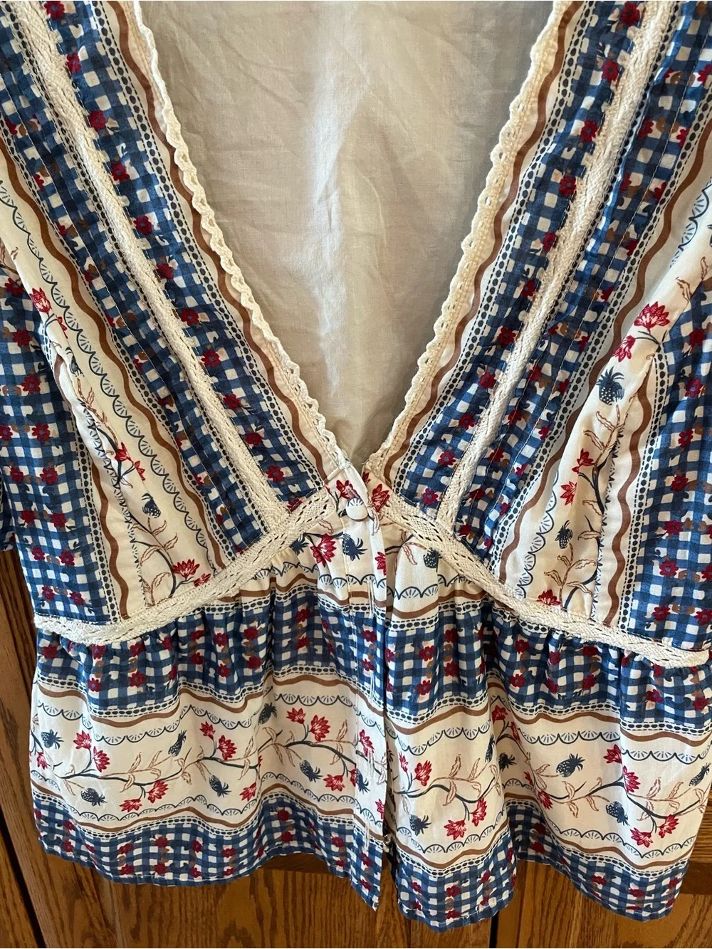 Abercrombie & Fitch Cream Peplum Blouse with Blue Check and Red Floral Accents